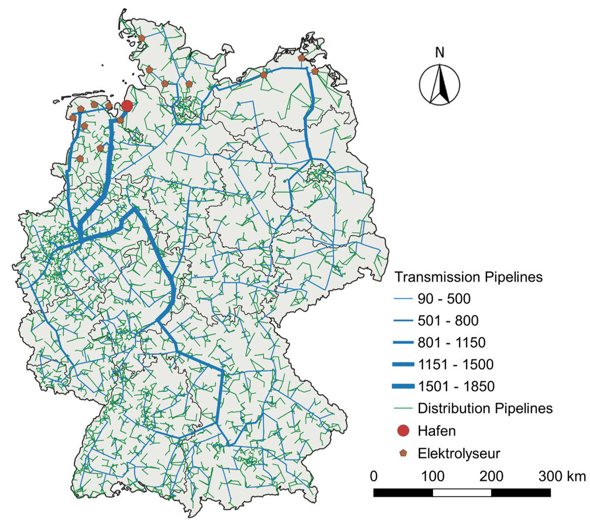 Abbildung aus der Studie: Wasserstoff-Pipeline-Infrastruktur im Jahr 2050